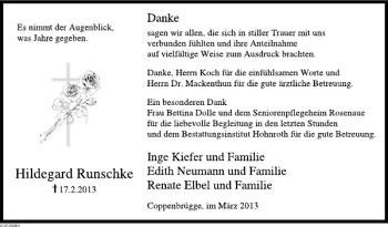 Traueranzeige von Hildegard Runschke von Deister- und Weserzeitung