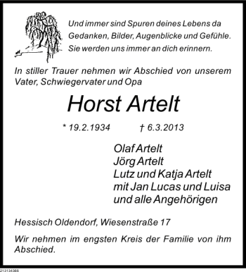 Traueranzeige von Horst Artelt von Deister- und Weserzeitung