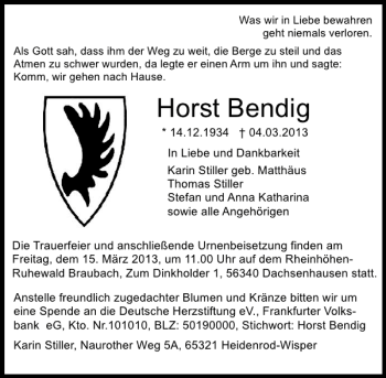 Traueranzeige von Horst Bendig von Deister- und Weserzeitung