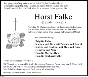 Traueranzeige von Horst Falke von Deister- und Weserzeitung