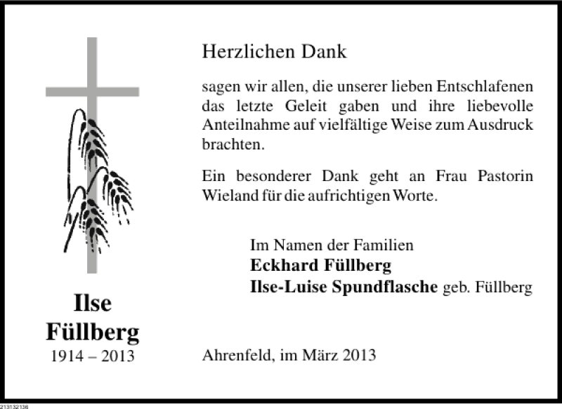 Traueranzeige für Ilse Füllberg vom 16.03.2013 aus Deister- und Weserzeitung