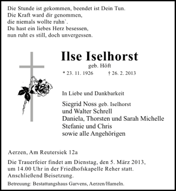 Traueranzeige von Ilse Iselhorst von Deister- und Weserzeitung