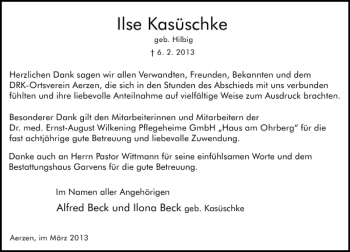 Traueranzeige von Ilse Kasüschke von Deister- und Weserzeitung