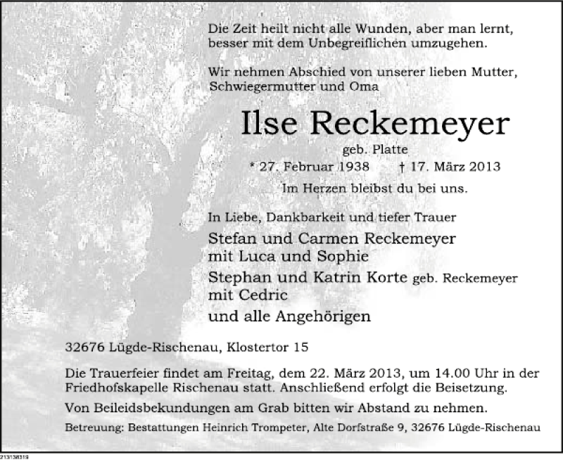  Traueranzeige für Ilse Reckemeyer vom 19.03.2013 aus Deister- und Weserzeitung