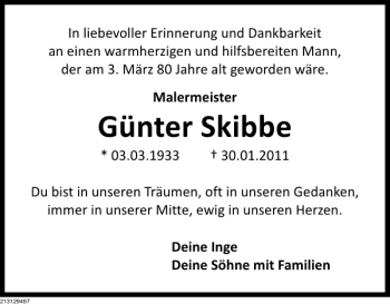 Traueranzeige von Günter Skibbe von Deister- und Weserzeitung