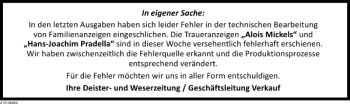Traueranzeige von In eigener Sache von Deister- und Weserzeitung