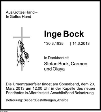 Traueranzeige von Inge bock von Deister- und Weserzeitung