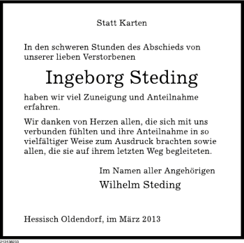 Traueranzeige von Ingeborg Steding von Deister- und Weserzeitung
