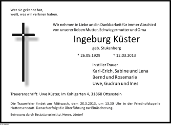 Traueranzeige von Ingeburg Küster von Deister- und Weserzeitung