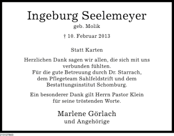Traueranzeige von Ingeburg Seelemeyer von Deister- und Weserzeitung