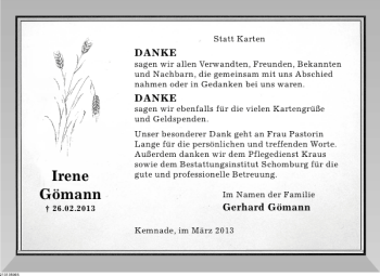 Traueranzeige von Irene Gömann von Deister- und Weserzeitung