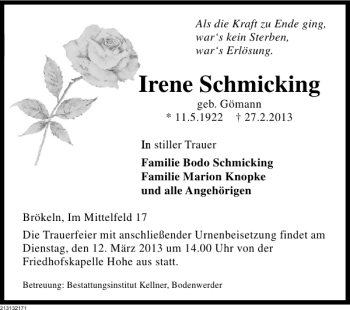 Traueranzeige von Irene Schmicking von Deister- und Weserzeitung