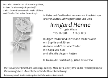 Traueranzeige von Irmgard Henne von Deister- und Weserzeitung
