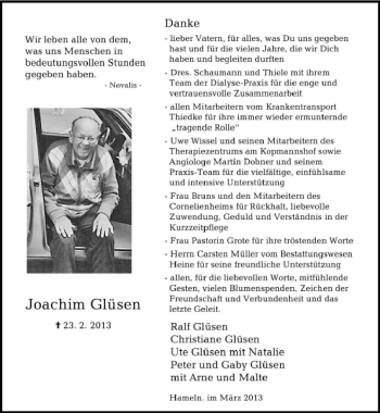 Traueranzeige von Joachim Glüsen von Deister- und Weserzeitung