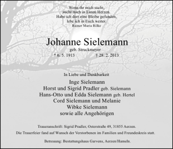 Traueranzeige von Johanne Sielemann von Deister- und Weserzeitung