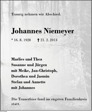 Traueranzeige von Johannes Niemeyer von Deister- und Weserzeitung