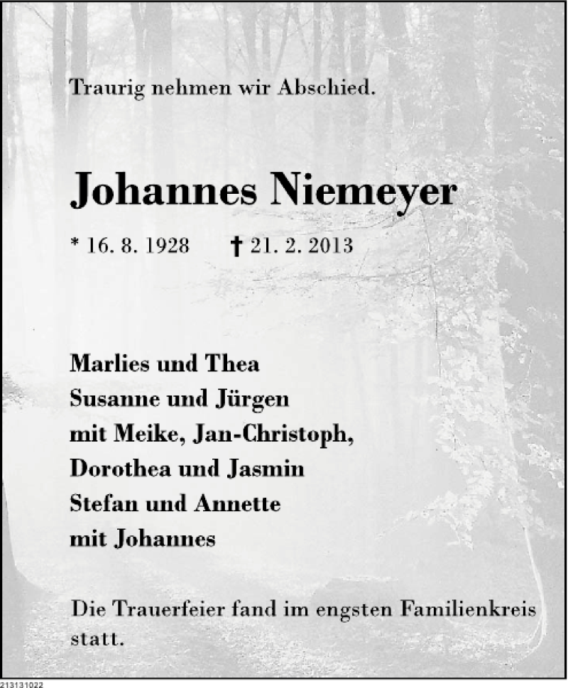  Traueranzeige für Johannes Niemeyer vom 02.03.2013 aus Deister- und Weserzeitung
