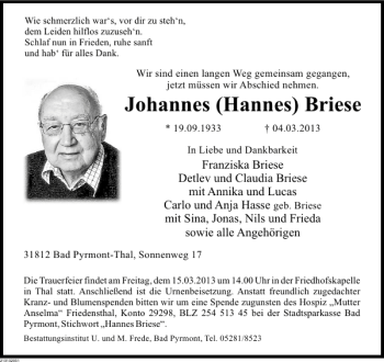 Traueranzeige von Johannes Hannes Briese von Deister- und Weserzeitung