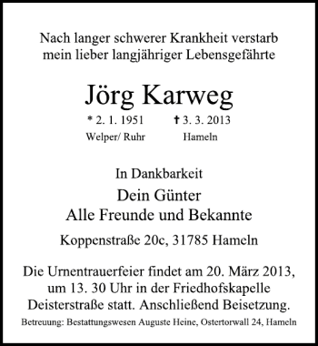 Traueranzeige von Jörg Karweg von Deister- und Weserzeitung