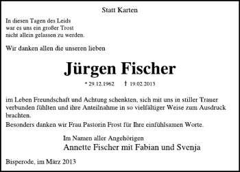 Traueranzeige von Jürgen Fischer von Deister- und Weserzeitung