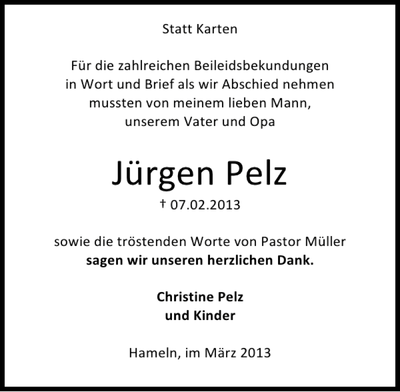 Traueranzeige für Jürgen Pelz vom 02.03.2013 aus Deister- und Weserzeitung