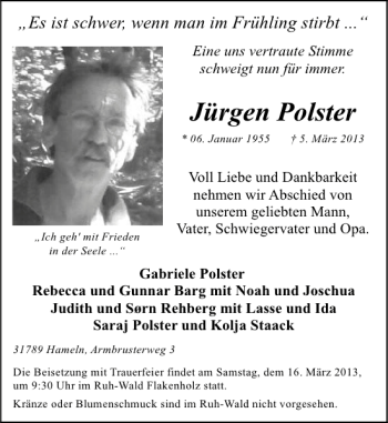 Traueranzeige von Jürgen Polster von Deister- und Weserzeitung