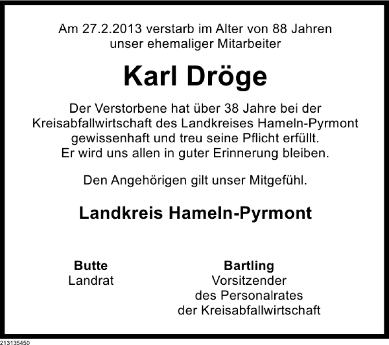  Traueranzeige für Karl Dröge vom 13.03.2013 aus Deister- und Weserzeitung