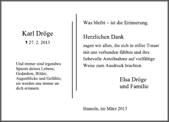 Traueranzeige von Karl Dröge von Deister- und Weserzeitung