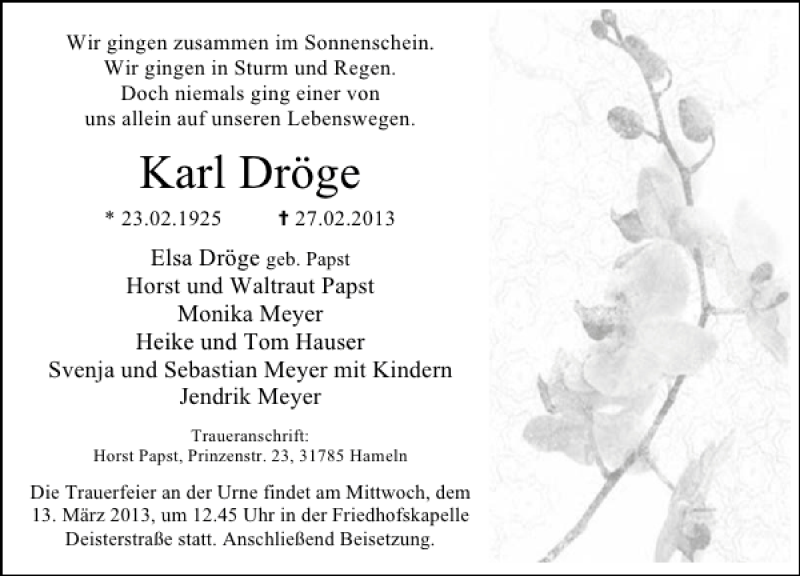  Traueranzeige für Karl Dröge vom 09.03.2013 aus Deister- und Weserzeitung