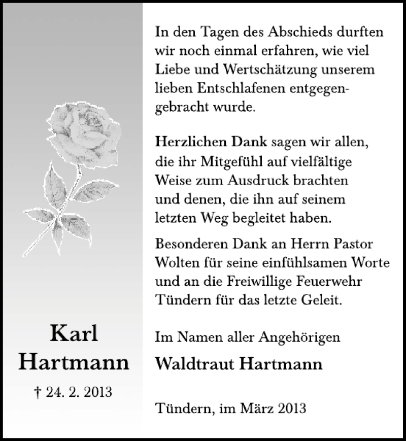  Traueranzeige für Karl Hartmann vom 30.03.2013 aus Deister- und Weserzeitung