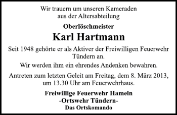 Traueranzeige von Karl Hartmann von Deister- und Weserzeitung