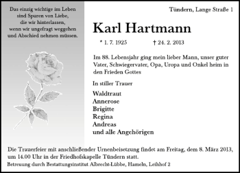 Traueranzeige von Karl Hartmann von Deister- und Weserzeitung