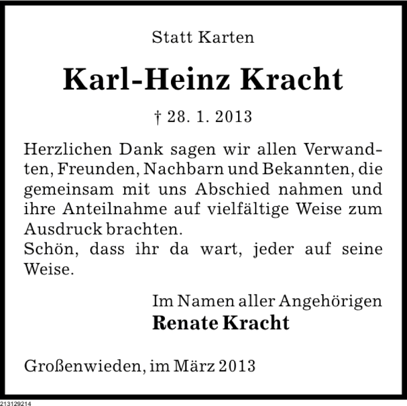  Traueranzeige für Karl-Heinz Kracht vom 02.03.2013 aus Deister- und Weserzeitung