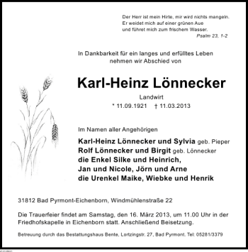 Traueranzeige von Karl-Heinz Lönnecker von Deister- und Weserzeitung