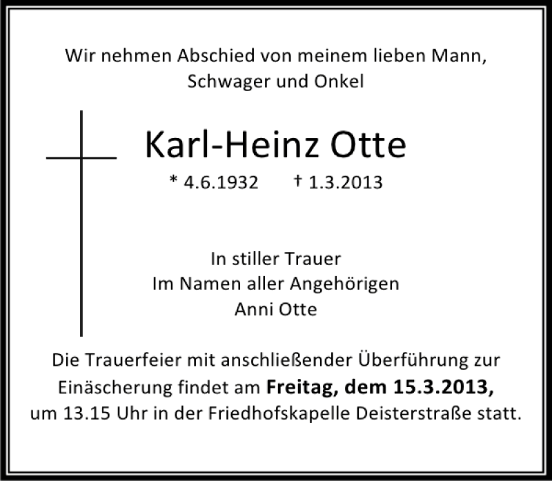  Traueranzeige für Karl-Heinz Otte vom 12.03.2013 aus Deister- und Weserzeitung