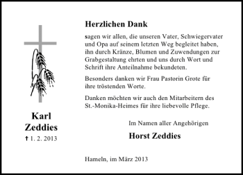 Traueranzeige von Karl Zeddies von Deister- und Weserzeitung