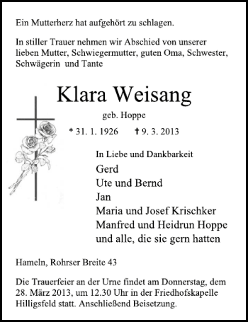 Traueranzeige von Klara Weisang von Deister- und Weserzeitung