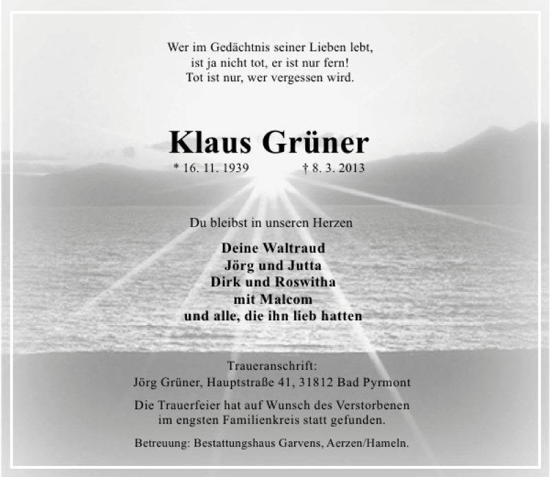  Traueranzeige für Klaus Grüner vom 16.03.2013 aus Deister- und Weserzeitung