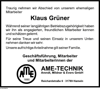 Traueranzeige von Klaus Grüner von Deister- und Weserzeitung