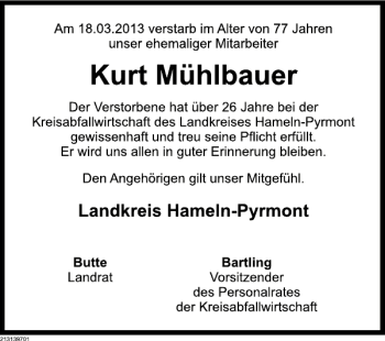 Traueranzeige von Kurt Mühlbauer von Deister- und Weserzeitung