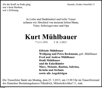 Traueranzeige von Kurt Mühlbauer von Deister- und Weserzeitung