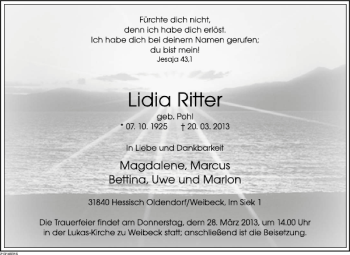 Traueranzeige von Lidia Ritter von Deister- und Weserzeitung