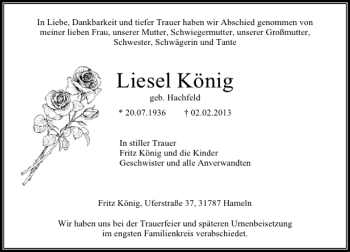 Traueranzeige von Liesel König von Deister- und Weserzeitung