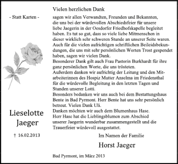 Traueranzeige von Lieselotte Jaeger von Deister- und Weserzeitung