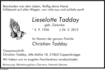 Traueranzeige von Lieselotte Tadday von Deister- und Weserzeitung