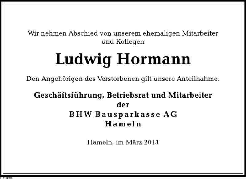  Traueranzeige für Ludwig Hormann vom 18.03.2013 aus Deister- und Weserzeitung