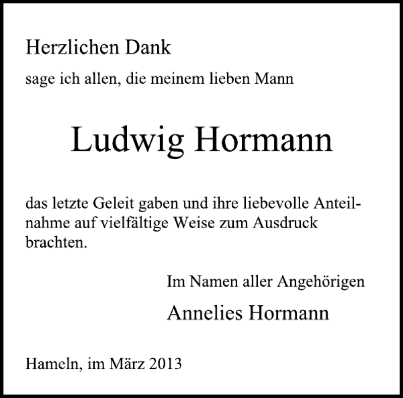  Traueranzeige für Ludwig Hormann vom 30.03.2013 aus Deister- und Weserzeitung