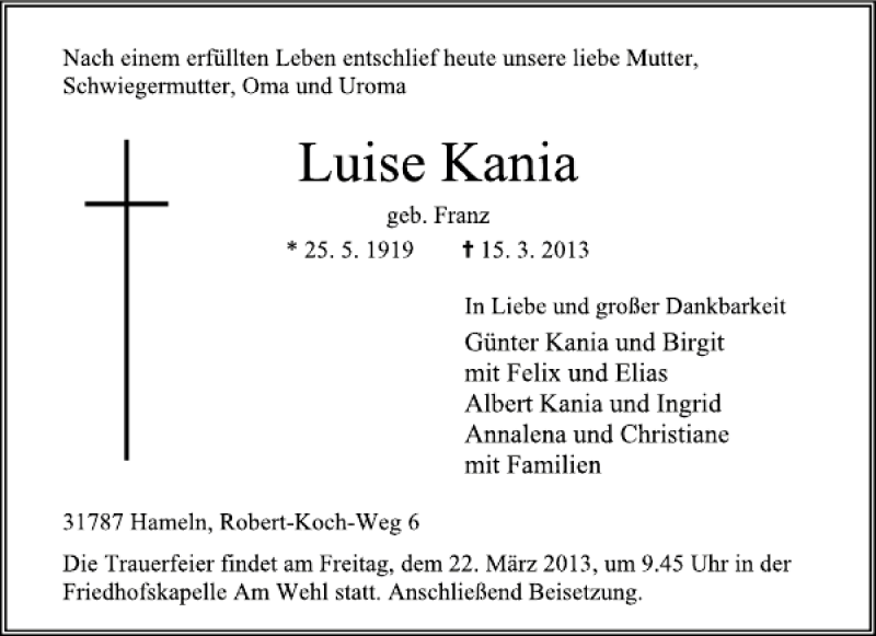  Traueranzeige für Luise Kania vom 18.03.2013 aus Deister- und Weserzeitung