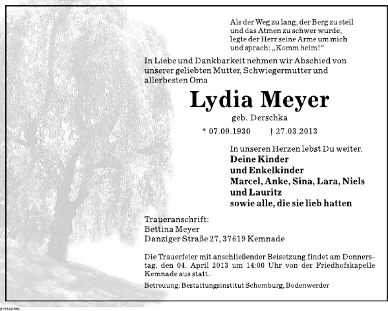  Traueranzeige für Lydia Meyer vom 30.03.2013 aus Deister- und Weserzeitung