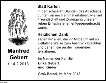 Traueranzeige von Manfred Gebert von Deister- und Weserzeitung